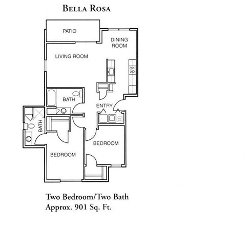 Floor plan for 2 beds, 2 baths, 901 sqft